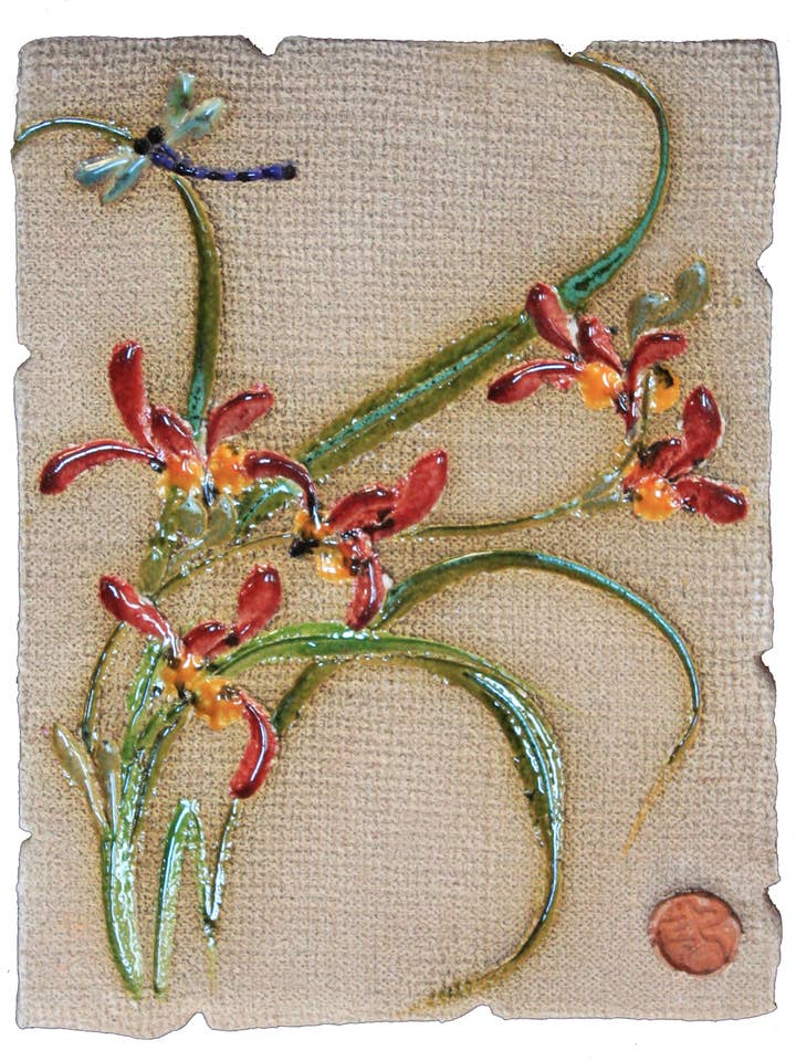 Red Chinese Orchid Ceramic Decorative Wall Hanging Tile for wholesale by Mad Monk Art