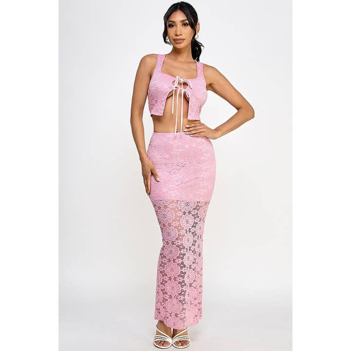 Crop top and long skirt lace set for wholesale by Black Pearl Clothing