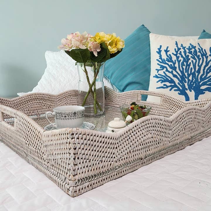 Artifacts Trading Company - Wholesale Decorative Tray - Rattan Scallop Square Tray with Glass Insert7