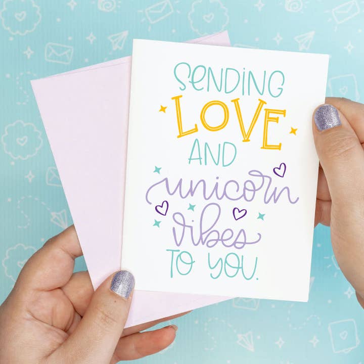 Sending Love & Unicorn Vibes Funny Recycled Greeting Card for wholesale by Colette Paperie