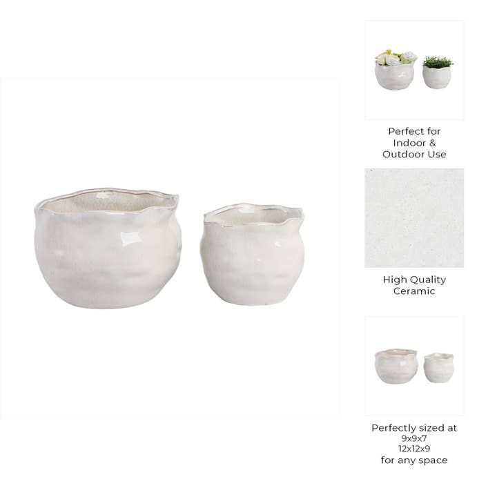 Sagebrook Home - Wholesale Plant Pot - 9/12 in. White Wavy Edge Stoneware Planters (Set of 2)