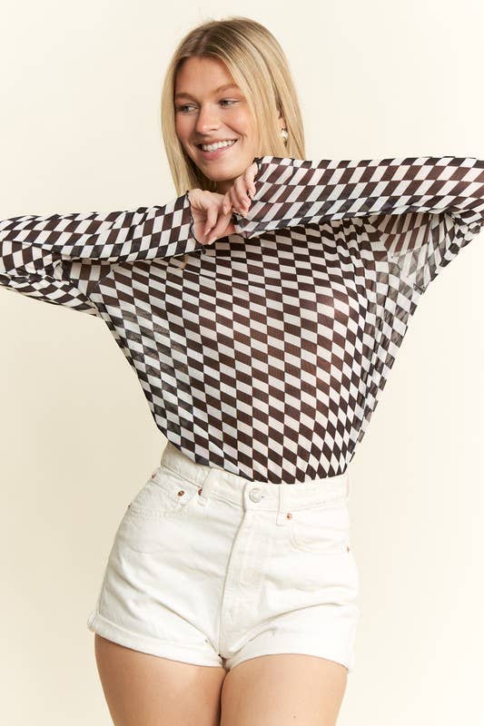 JADE BY JANE - Wholesale Knit Top - Women's -  CHECKERED MESH MOCK NECK TOP1