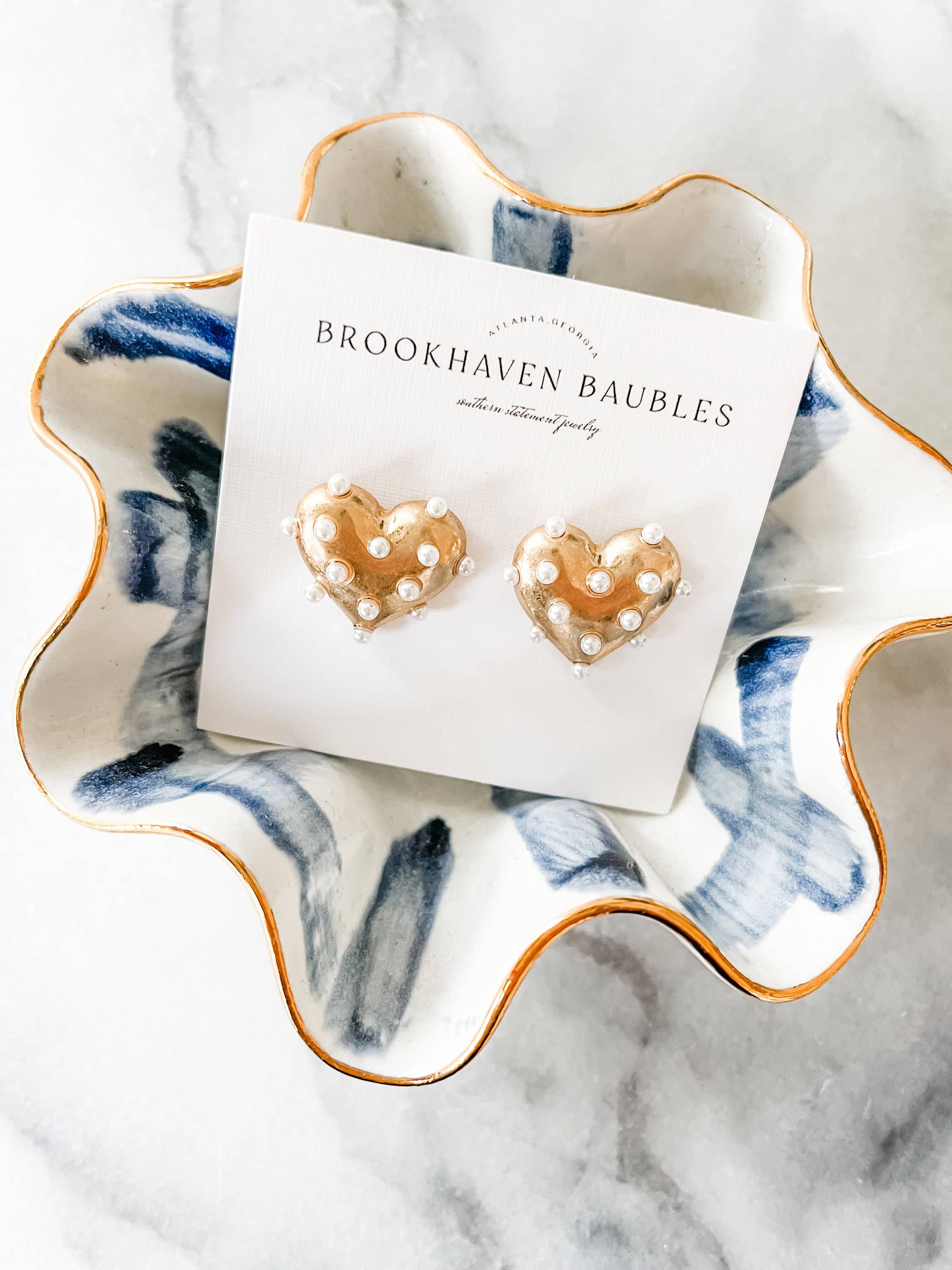 Brookhaven Baubles - Wholesale Stud/Post Earrings - Gold Pearl Heart Statement Studs - Valentine's Xoxo1