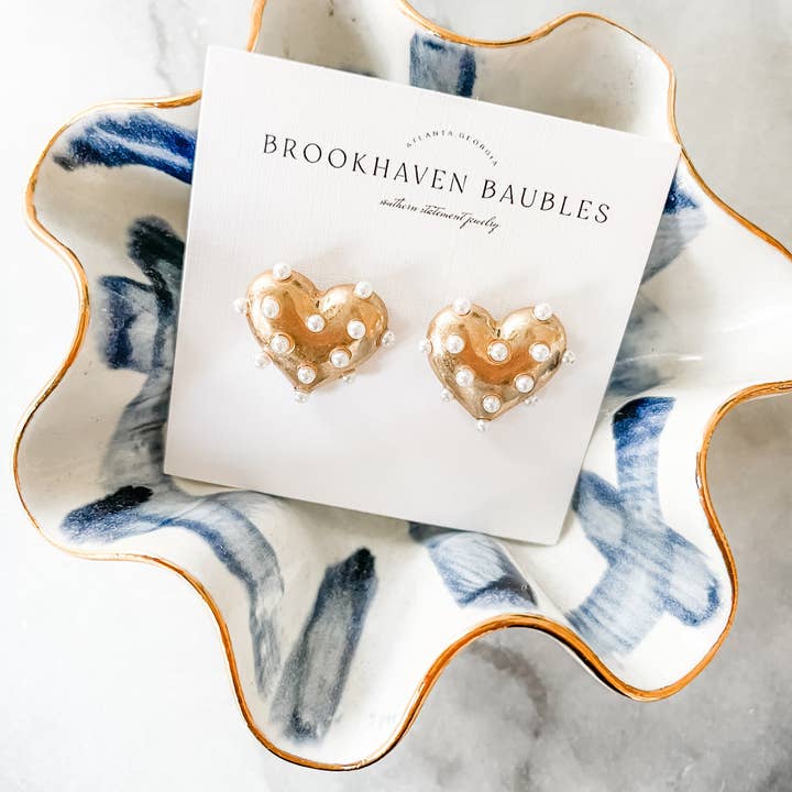 Brookhaven Baubles - Wholesale Stud/Post Earrings - Gold Pearl Heart Statement Studs - Valentine's Xoxo1