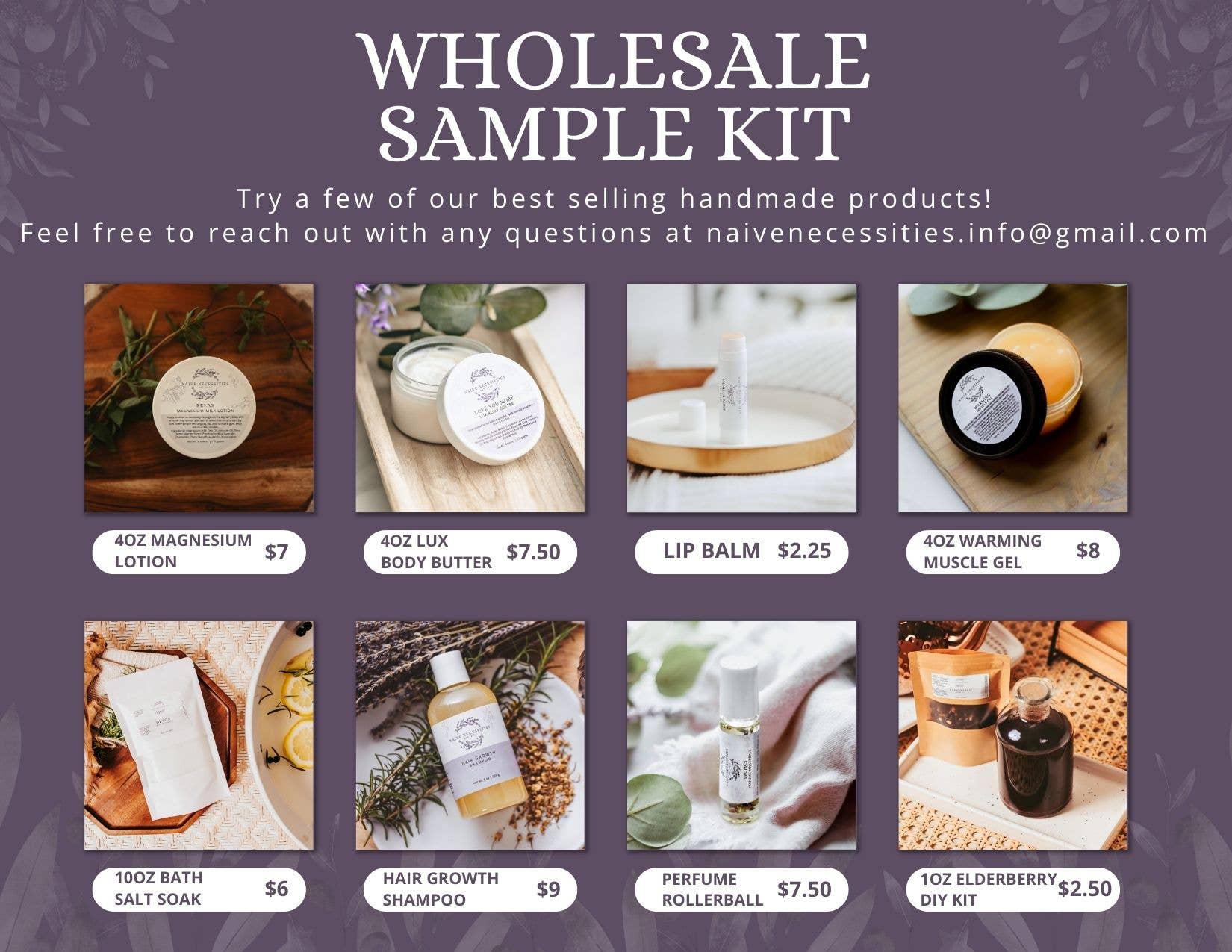 Naive Necessities - Wholesale Bath & body set - Best Seller Sample Set of 8, Clean Product Sampler