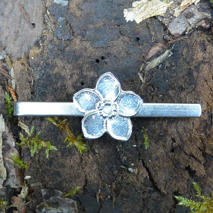 Forget Me Not Pewter Tie Slide Hand Cast by William Sturt for wholesale by William Sturt Fine Pewter