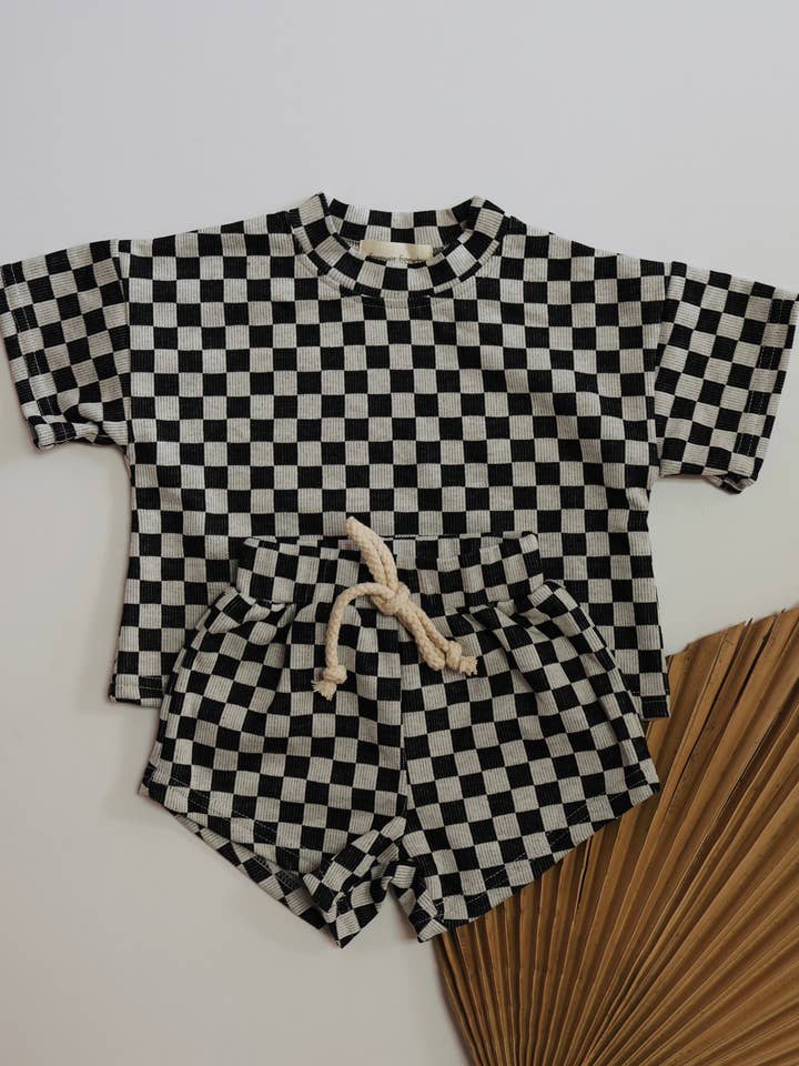 Short Set | Black & Grey Checkerboard for wholesale by Forever French Baby
