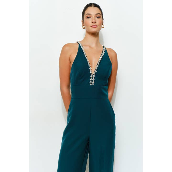 INA – wholesale Jumpsuit - Dam – Kristallprydd djup V-ringad jumpsuit med korsad rygg6