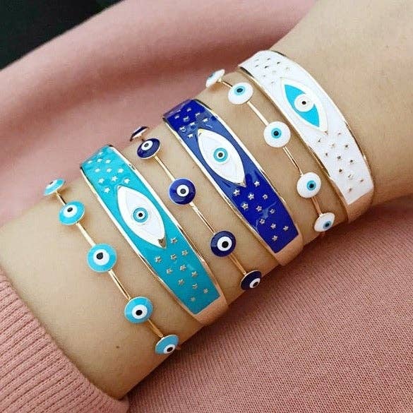 Blue White Evil Eye Wide Cuff Bracelet Collection for wholesale by Evileyefavor