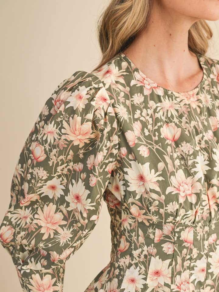 &MERCI - Wholesale Dress - Women's - FLORAL PRINT PLEATED WAIST MIDI DRESS MDR447714