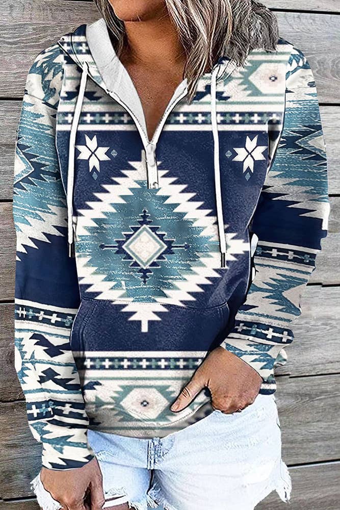 UNISHE - Wholesale Hoodie - Women's - Aztec Zipper Kangaroo Pockets Western Hoodie ZK3661