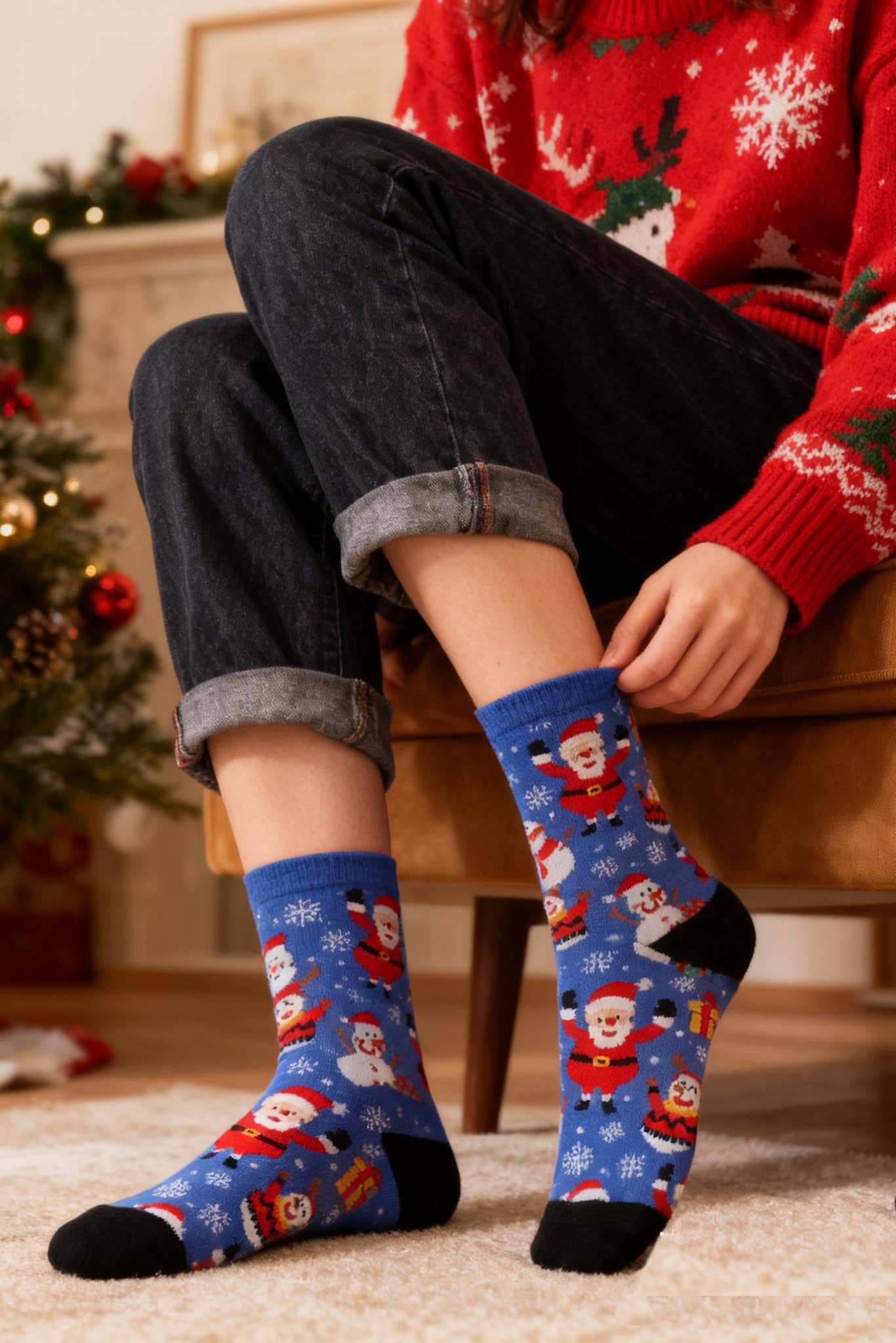 Ninety five thousand nine hundred thirty eight Festive Santa and Snowflake Socks 🎅❄️🎁 for wholesale on Faire