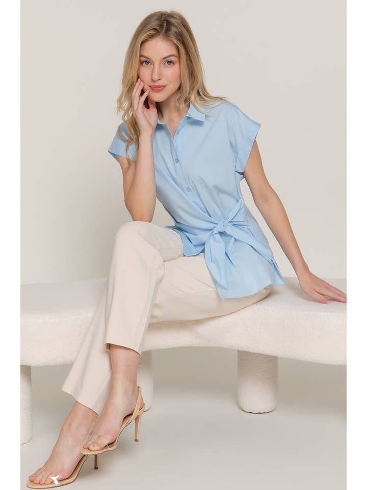Active Basic | Active USA - Wholesale Button Down Shirt - Women's - Short Dolman Sleeve Button Down Side Knot Poplin Shirt8