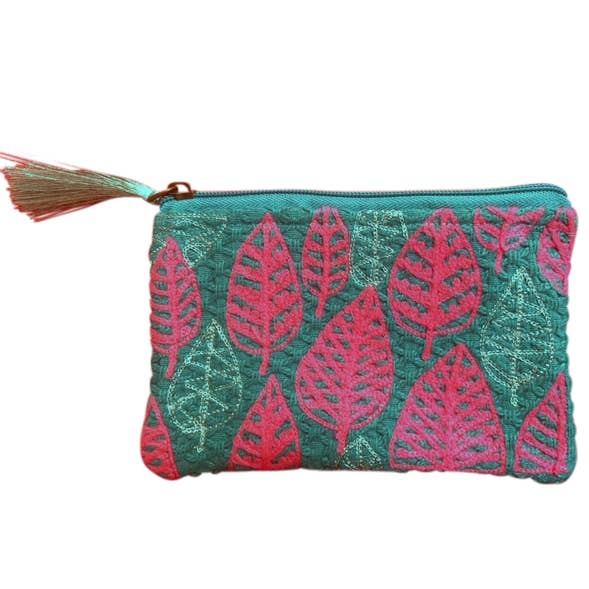 Turquoise Pink Leaves Design Durable Cotton Pouch for wholesale by Chloe & Lex