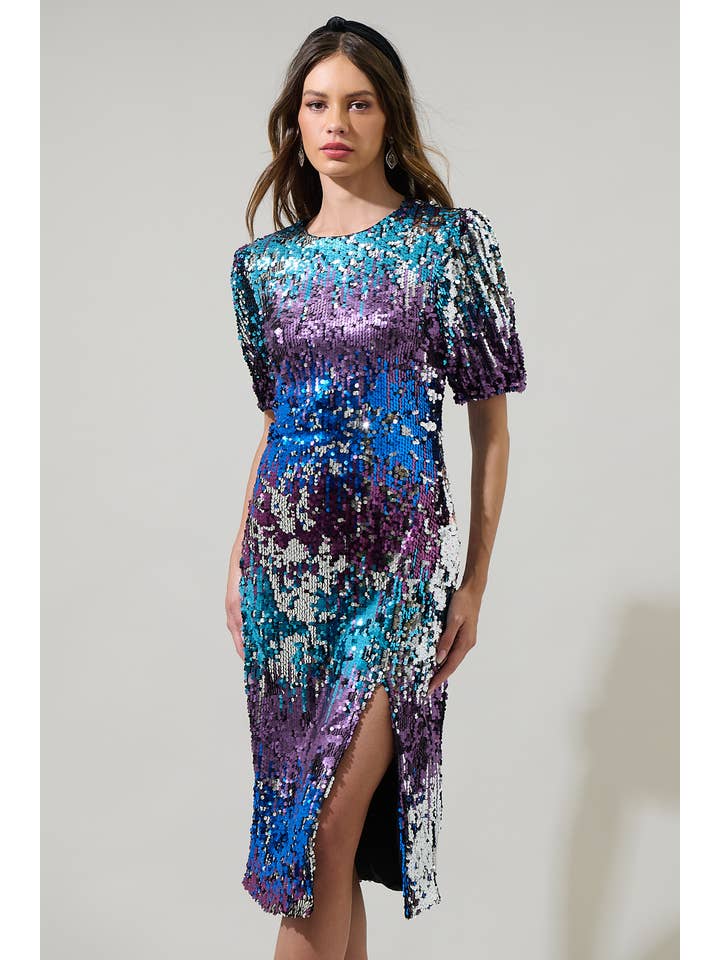 Multi Navette Short Sleeve Sequin Midi Dress for wholesale on Faire