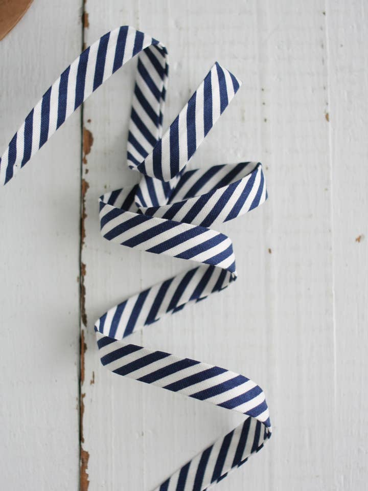 1/2" Double Fold Bias Binding-Navy Blue Stripe 100% Cotton for wholesale by Bessie Pearl Binding Co