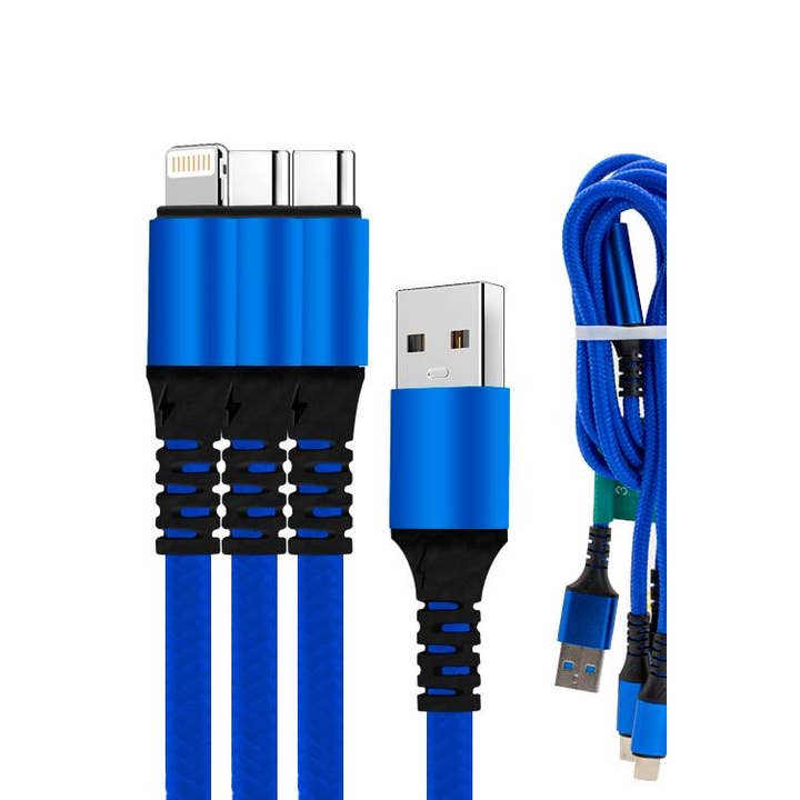 Cavo 3 in 1 con 1 jack Type-C e 2 Lightning Head blu per la vendita all'ingrosso da parte di Mighty Wireless