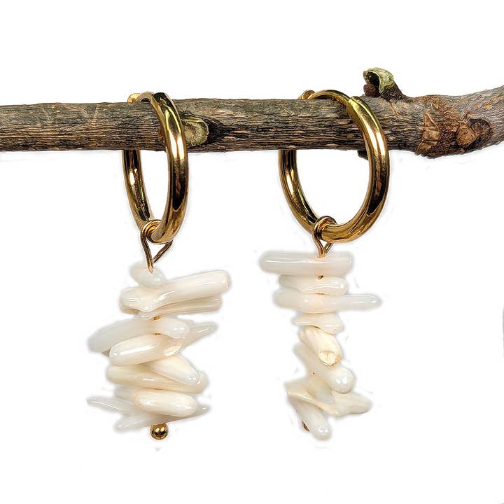 18K Real Gold Plated Stainless Steel Huggie Hoop White Coral Gemstone Chunks Earrings for wholesale by Stylish Jewelry Supply