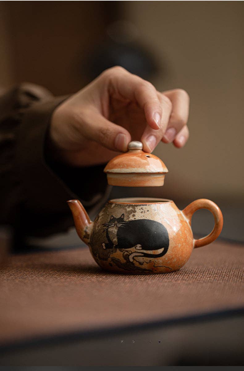 Gohobi （We cover U.S. import duties） – chaleira por atacado – Gohobi Bule de Chá de Gato Pintado à Mão com Tinta Preta Feito à Mão 01215