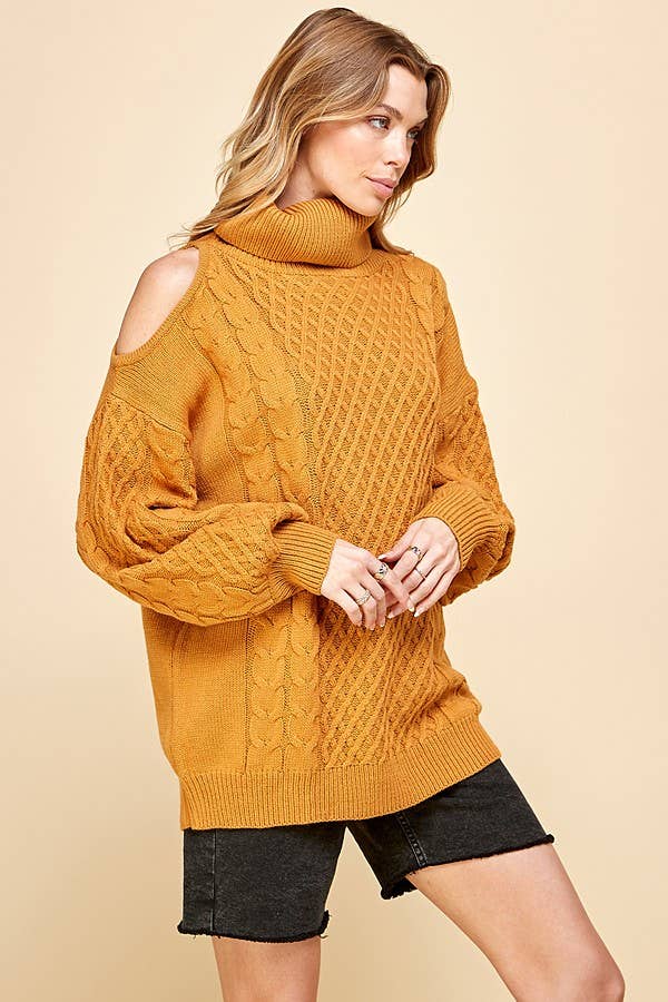 CSP9044 -WOMEN SOLID TURTLE NECK COLD SHOULDER SWEATER -Packaged 2-2-2 (SML)