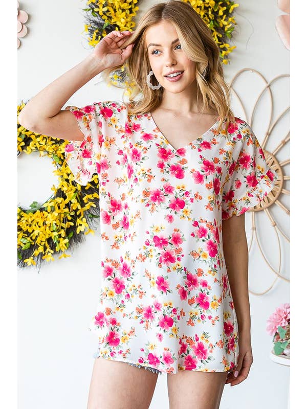 HEIMISH - Vente Chemisier – femme - ET7311-11 HAUT À MANCHES AVEC ENCOLURE EN V VOLANTÉE ET IMPRIMÉ FLORAL4