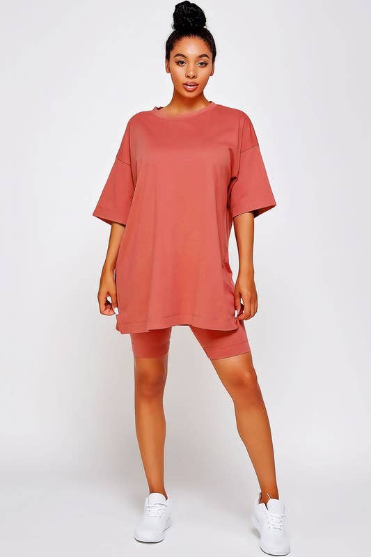 Pink Irene Wholesale - Wholesale Shirt - Women's - PLUS SIZE SOLID OVERSIZED TEE AND BIKER SHORTS SET10