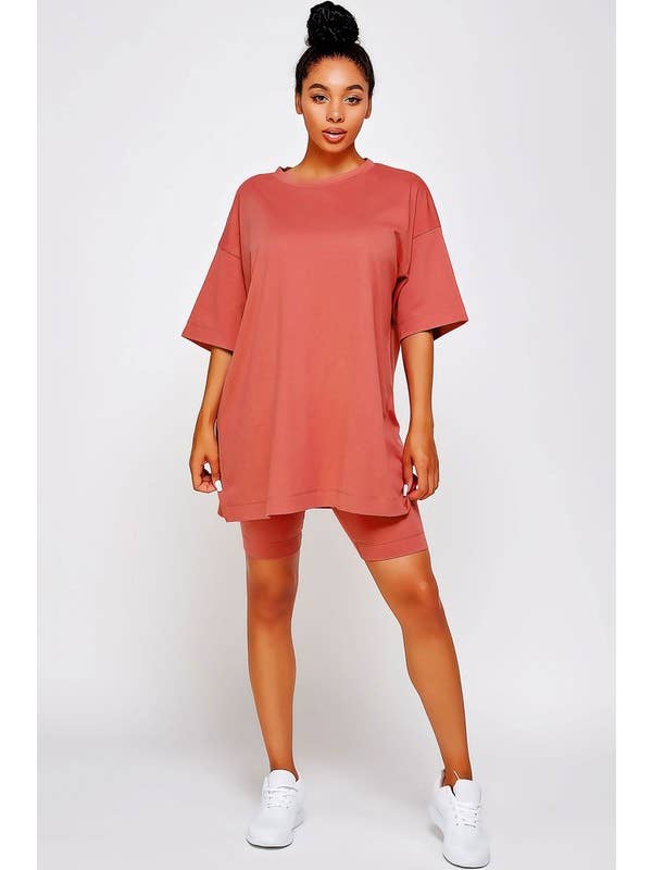 Pink Irene Wholesale - Wholesale Shirt - Women's - PLUS SIZE SOLID OVERSIZED TEE AND BIKER SHORTS SET10