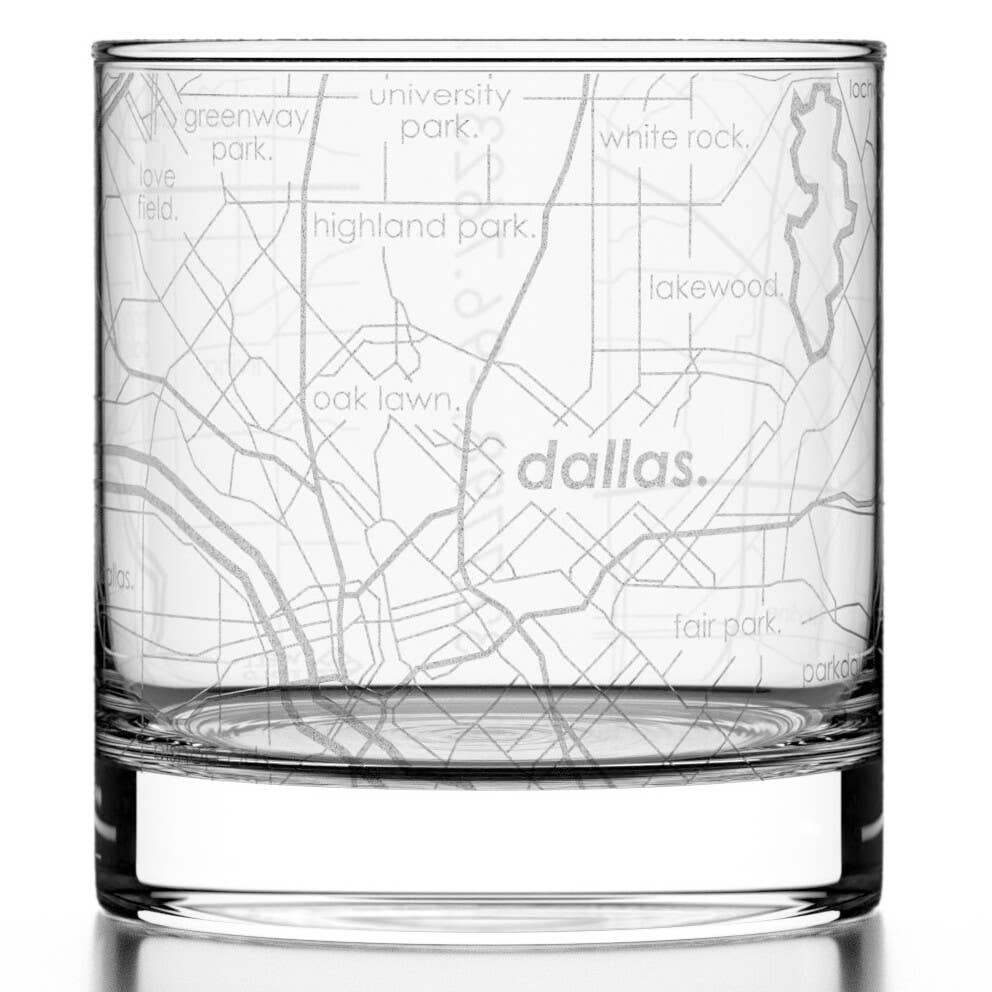 Well Told - Wholesale Cocktail/Liquor Glass - Dallas, TX City Map - Etched Whiskey Rocks Glass0