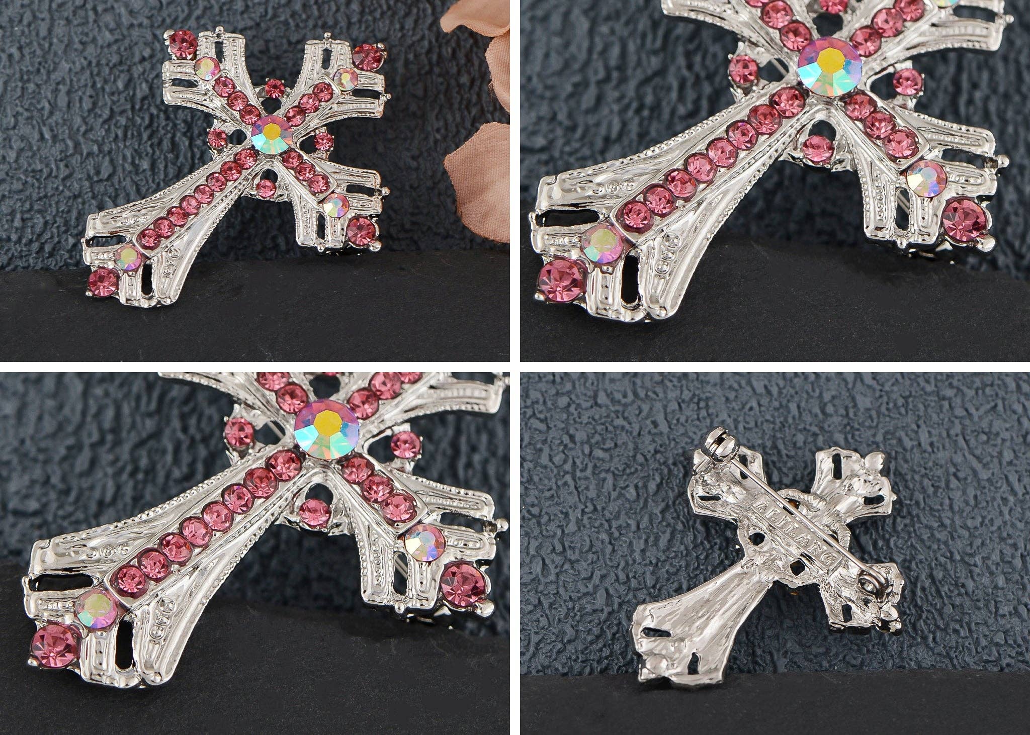 AK Brand - Vendita all'ingrosso Spille - Spilla a forma di croce religiosa argentata con strass45