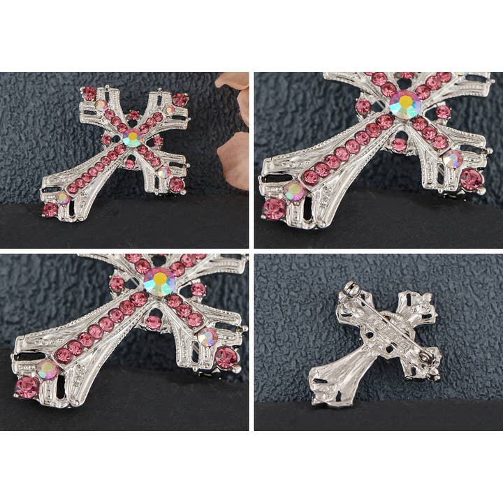 AK Brand - Vendita all'ingrosso Spille - Spilla a forma di croce religiosa argentata con strass45