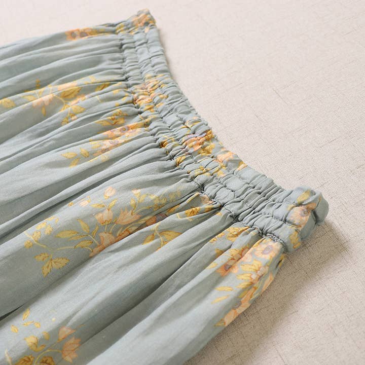 Green vintage floral print cotton linen skirts for wholesale on Faire