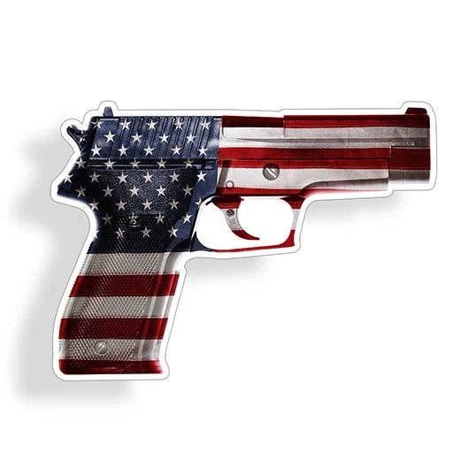 Mini USA Flag Gun Sticker for wholesale by Real Sticky