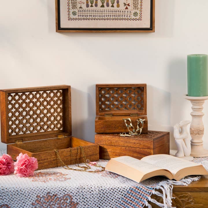 Mela Artisans - Wholesale Decorative Box - Trellis Handcarved Wooden Boxes6