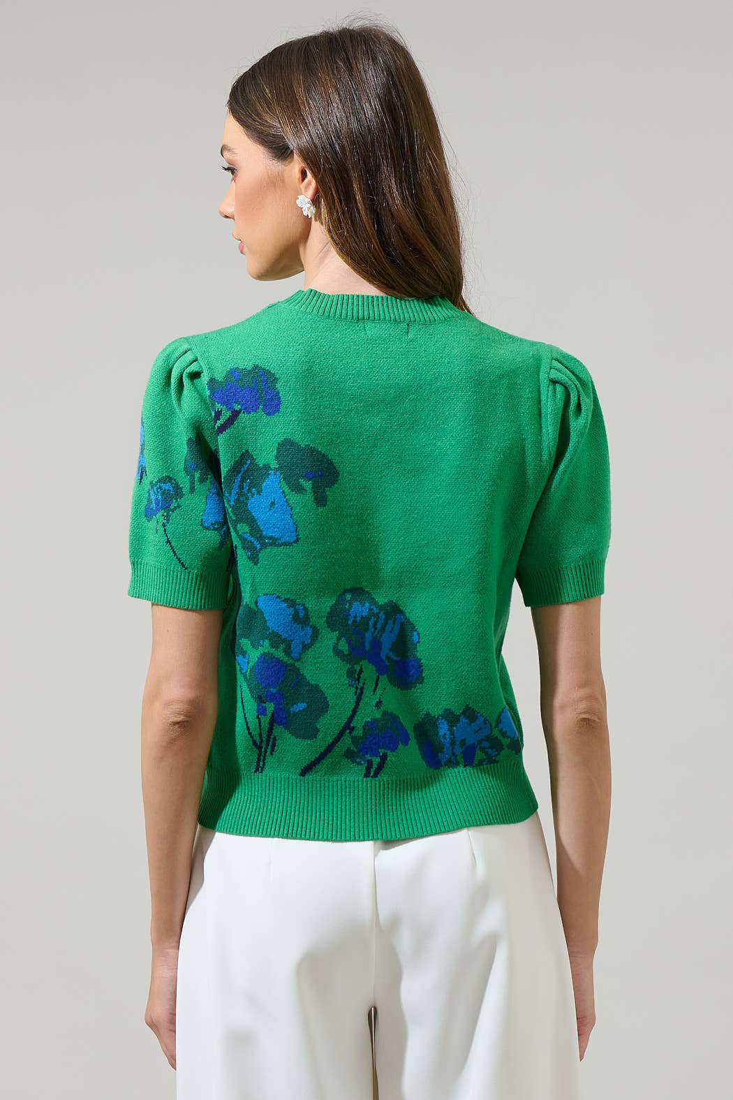 Kelly Green Kersey Floral Pleated Short Sleeve Sweater Top for wholesale on Faire1