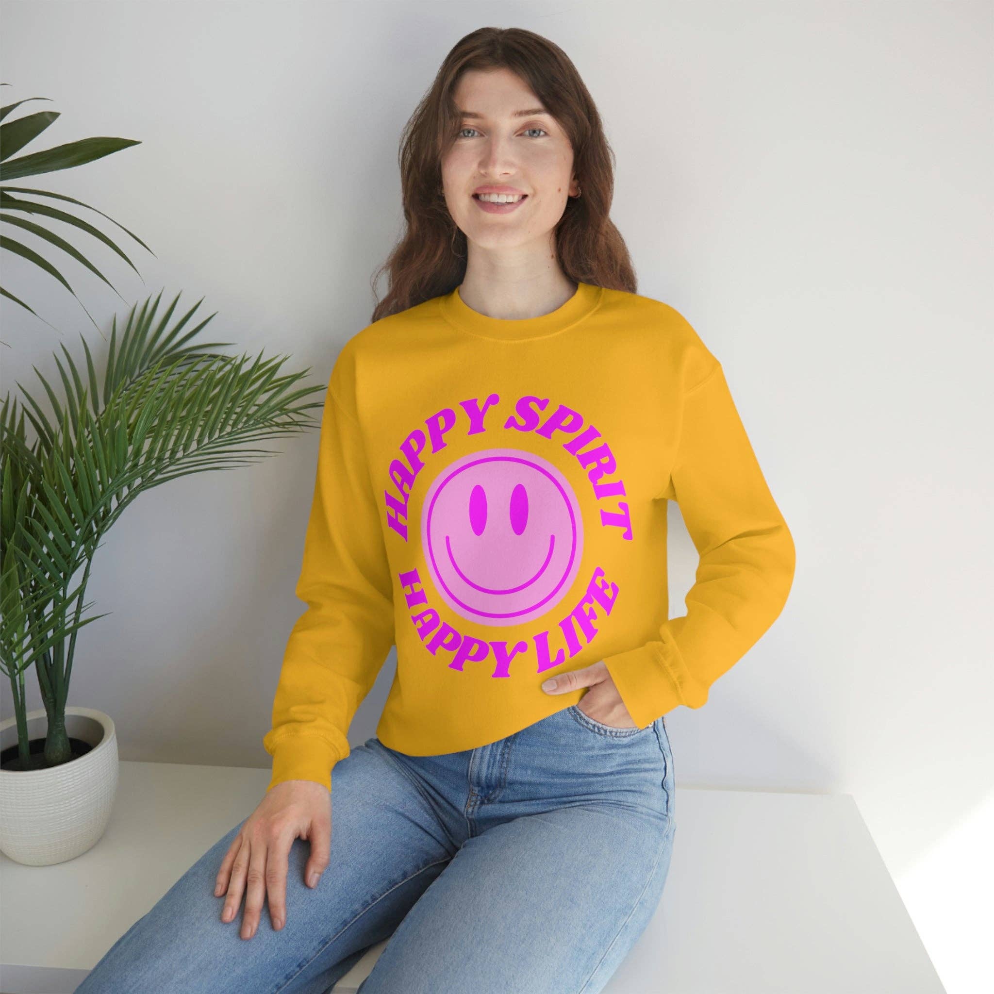Happy Life Stuff - Wholesale Graphic Sweatshirt - Women's - Happy Spirit Happy Life Sweatshirt, VSCO Girl Crewneck, Oversized Retro Font Graphic Tumblr, Front Print Smile Face Trendy Cover Up56