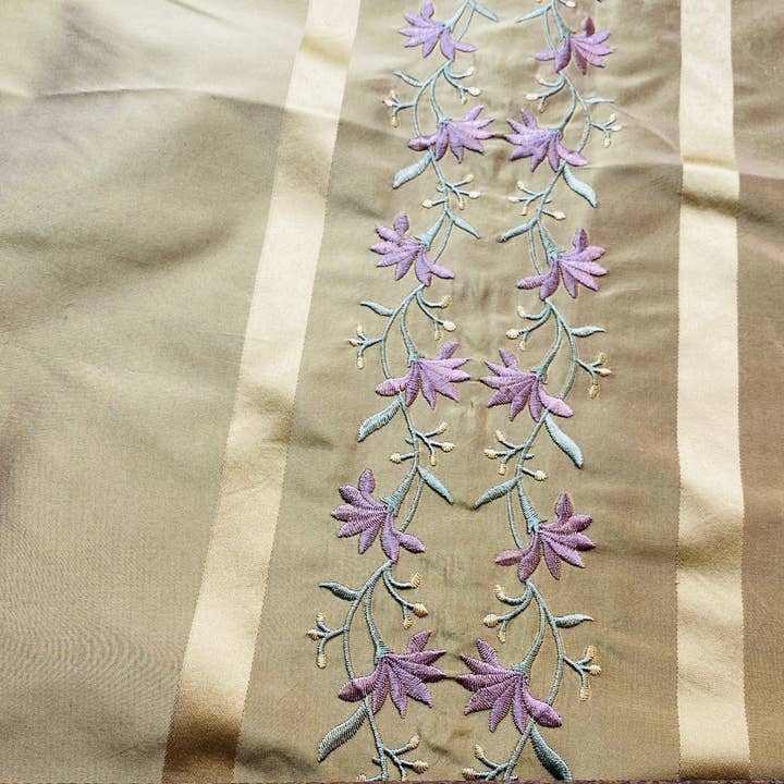 Fancy Styles Fabric - Wholesale Fabric - NEW Duchess Adele Designer 100% Silk Taffeta Ribbon Stripe Embroidered Floral Fabric in Gold and Lavender2