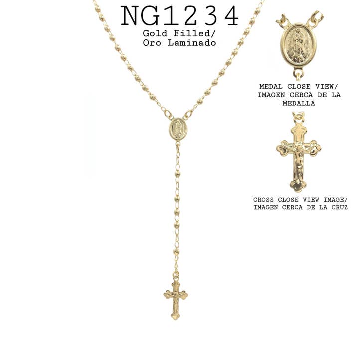 Virgin de Guadelupe Beaded Cross Pendant 18K Gold-Filled Religious Rosary Necklace for wholesale by Nisso & Co. NYC Jewelry Wholesale