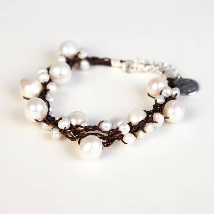 Crossroads Accessories Inc - Wholesale Beaded Bracelet - White Pearl Bracelet on Wax Linen Cord