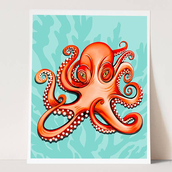 Impresión de Arte Costero de Pulpo Naranja para venta al por mayor de Linda Sholberg Art