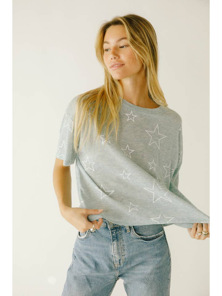 Blue White BT2049- Star Outline Print Boxy T-shirt for wholesale on Faire