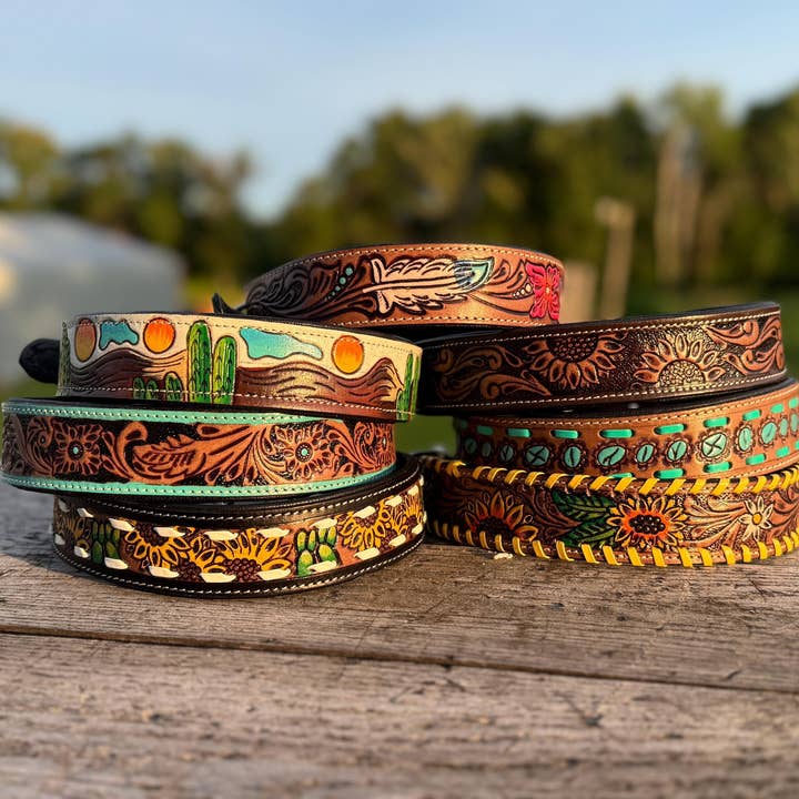 Double B Wild Rags - Wholesale Pet Collar - Dog - Western Genuine Leather dog collar or leash tooled details of sunflower daisy cactus floral turquoise feather by Double B Wild Rags1