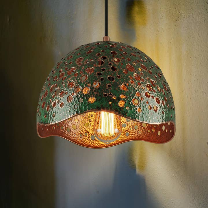 Organic Wavy Edge Pendant Light, Pierced Green Patina Copper for wholesale by LaMaisonBerbere