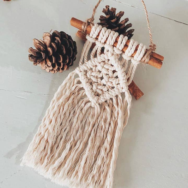 Boho Macrame Cinnamon Holiday Ornaments for wholesale by Nashville Macrame