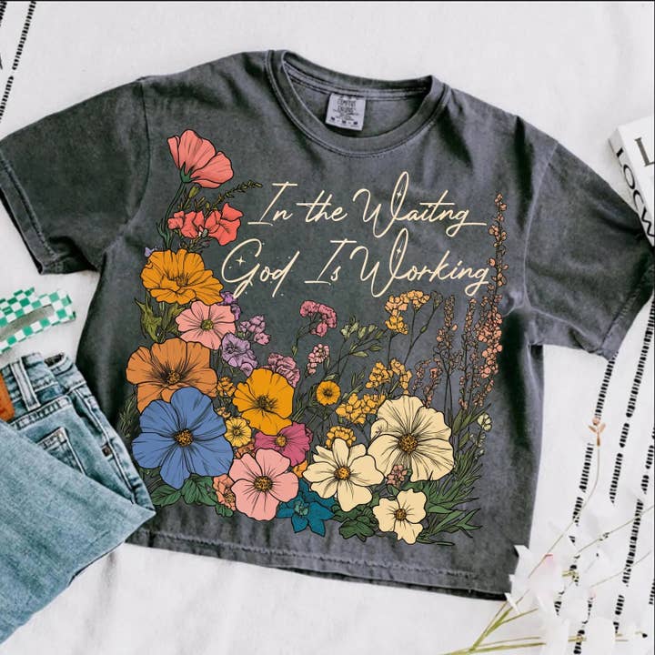 Boho Floral "In the Waiting, God is Working" Comfort Colors Tee for wholesale by The Print Genies
