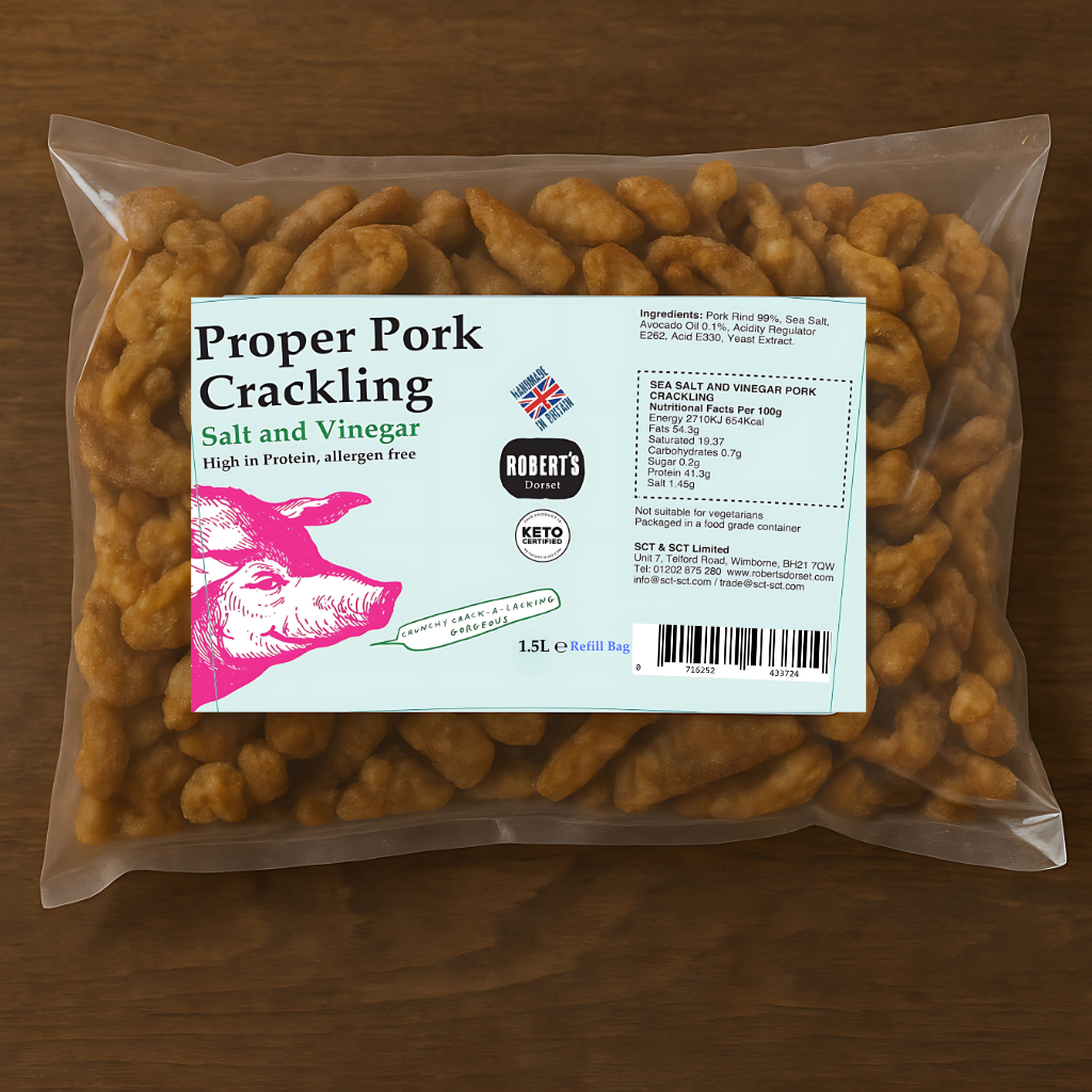 Robert’s Dorset – wholesale Puffed snack – Proper Pork Crackling 1.5L / 400g Refill Bag6