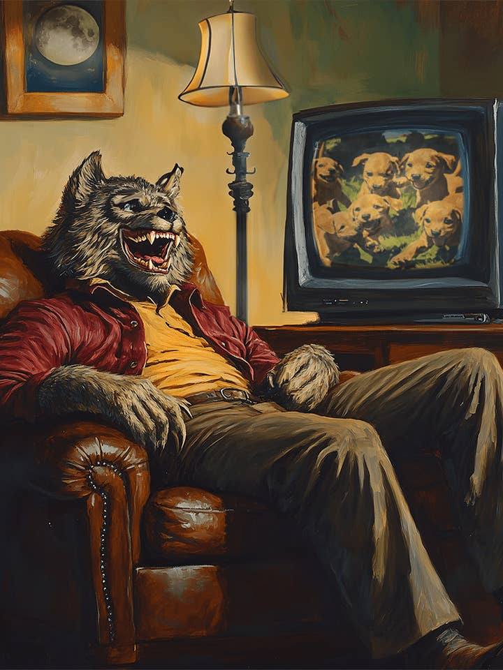 Wolfman che guarda la TV - Stampe d'arte mostruose – Opera d'arte 8″x10″ per cornice 11″x14″ per la vendita all'ingrosso da parte di Mowbi