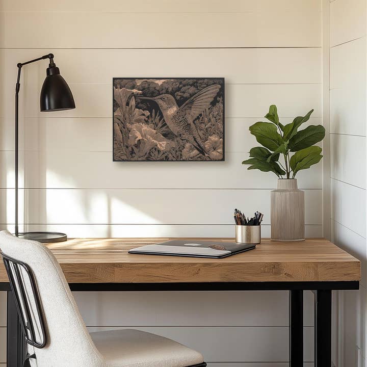 Benoit's Design Co. - Wholesale Wall Sign - Hummingbird in Garden Engraved Illustration1