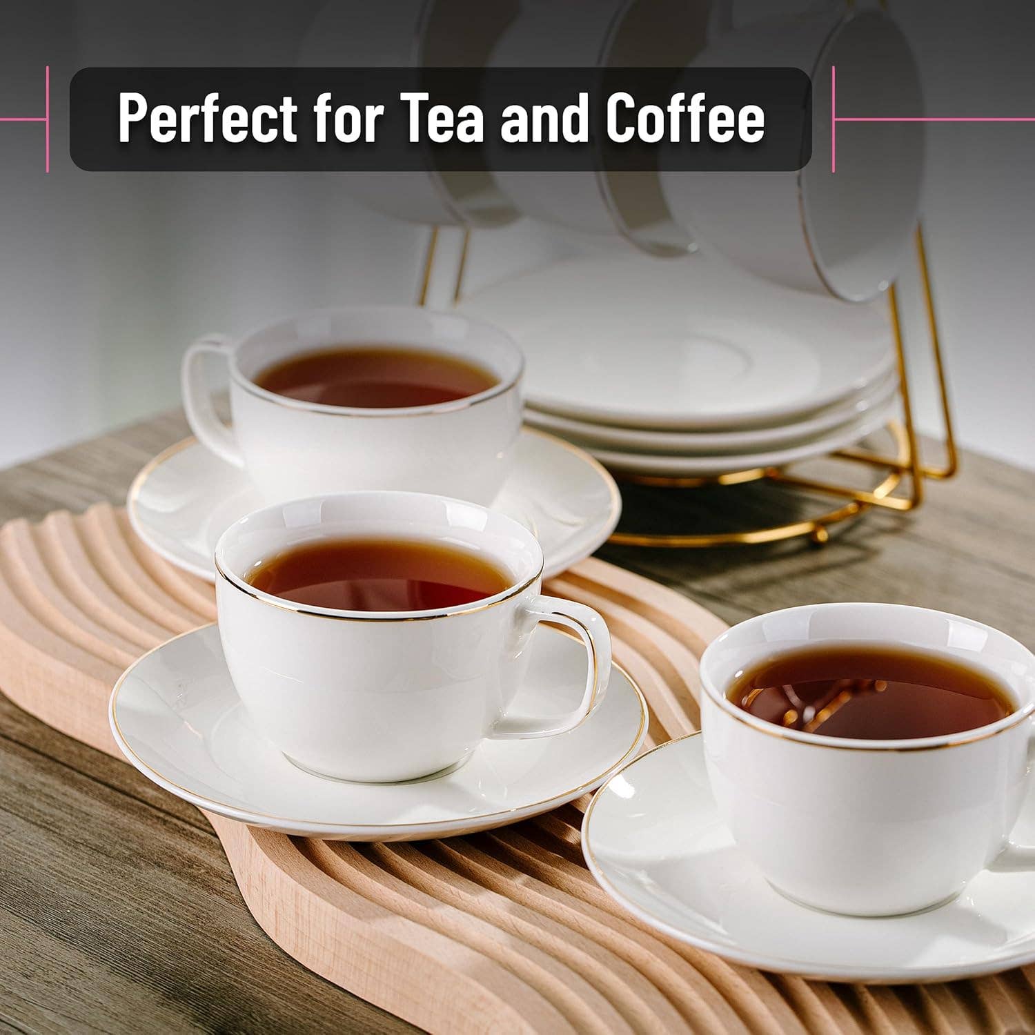 Brew To A Tea - Wholesale Tea Set - BTaT- Tea Cups and Saucers with Gold Trim, Set of 6, 7oz4