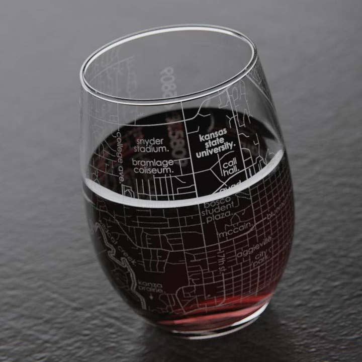 Well Told - Wholesale Wine Glass - Manhattan KS - Kansas State Uni College Town Map Glass