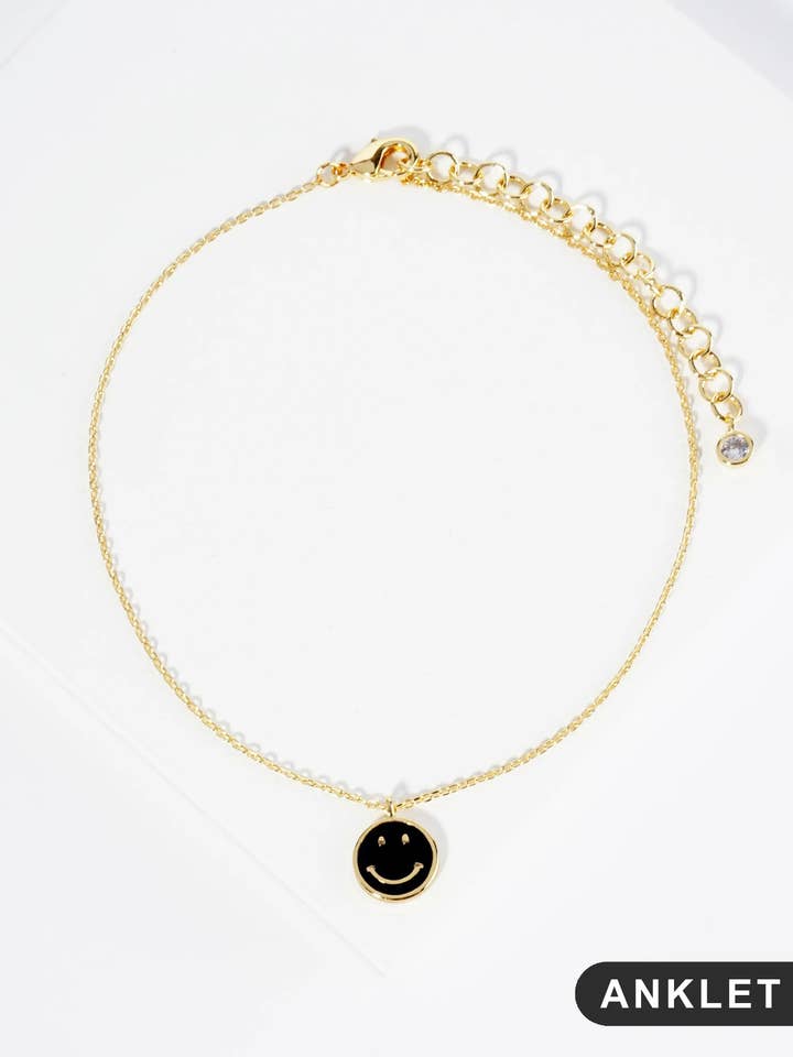 18K Gold Dipped Enamel Smiley Face Charm Anklet for wholesale by Wild Honey